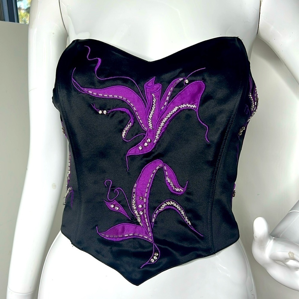 Neiman Marcus Sz M Black Purple Silk Corset Beaded w/Boning Hook Eye Closure
